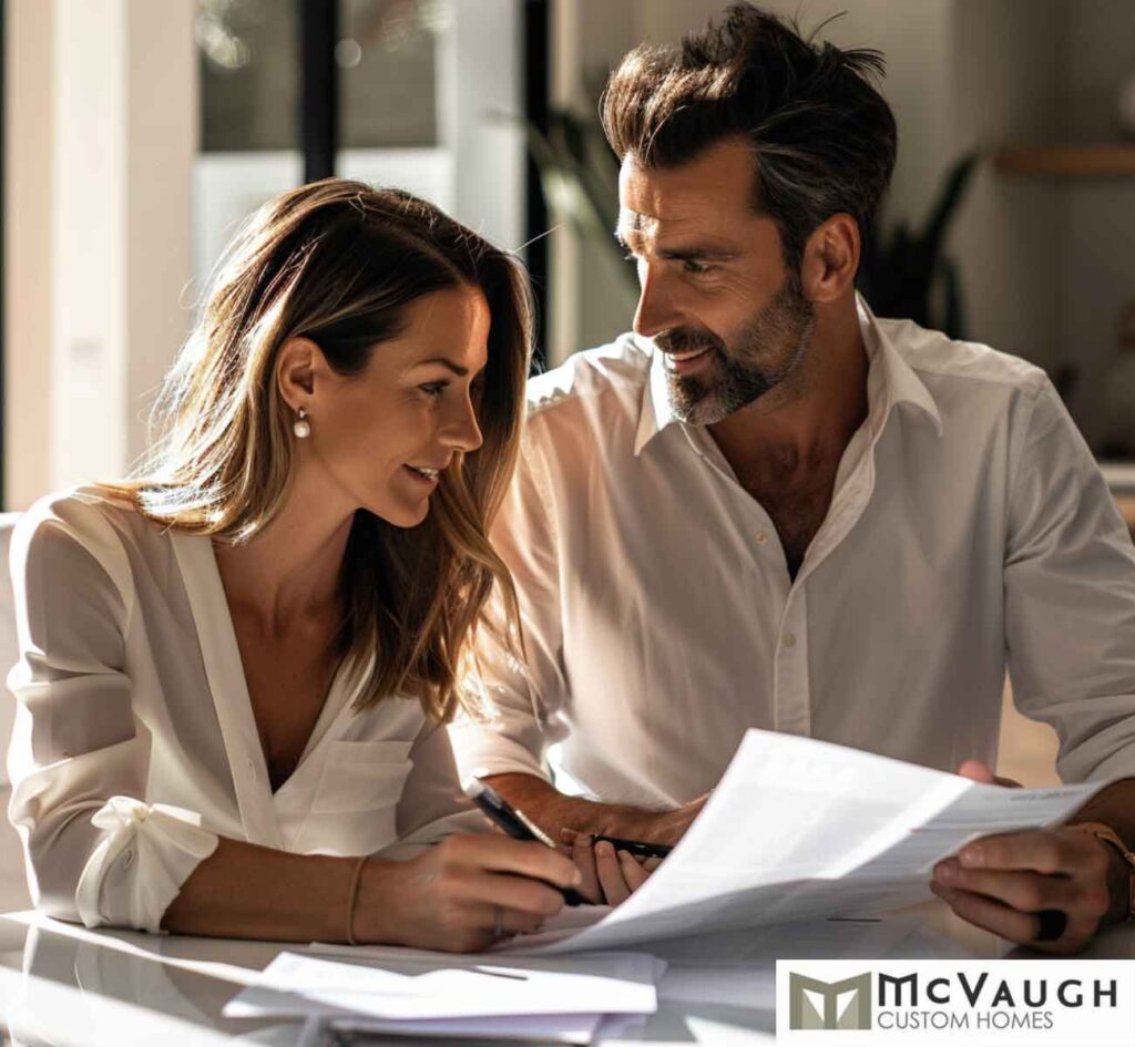 newlyweds smiling reviewing budget of their custom home